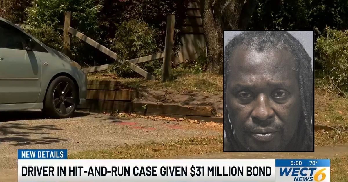 Inset: Theodore Gause (Wilmington Police Department). Background: The North Carolina driveway where Theodore Gause allegedly hit a 9-year-old sitting on a bicycle and severed his leg (WECT/YouTube).