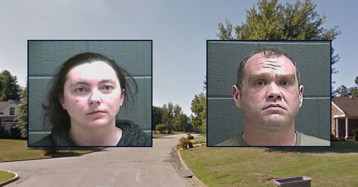 Inset, left to right: Katherine Carter and Trevor Reichard-Hayes (Tell City Police Dept.). Background: The area in Indiana where the toddler died (Google Maps).