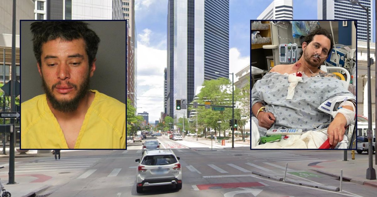 Inset, left to right: Anthony Apodaca (Denver Police Dept.) and Nico Francis (GoFundMe). Background: The corner in Colorado where Apodaca allegedly shot Francis in the neck (Google Maps).