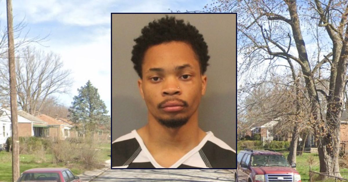 Inset: Cameion Brown (Gary Police Dept.). Background: The Indiana street where Brown allegedly killed a 71-year-old man (Google Maps).