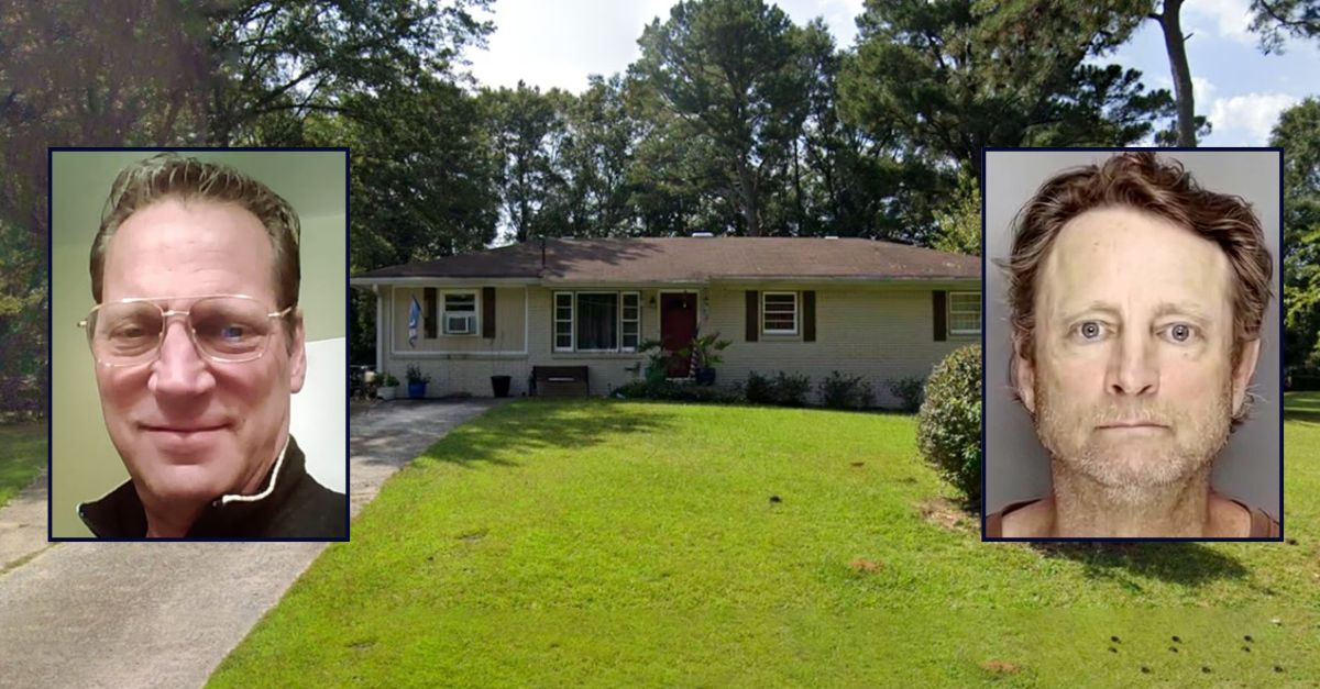 Inset, left to right: Ted Harris (Facebook/WSB) and Kenneth Lee Harris) Cobb County Jail). Background: Ted Harris' home in Georgia that Kenneth Harris allegedly tried to sell (Google Maps).