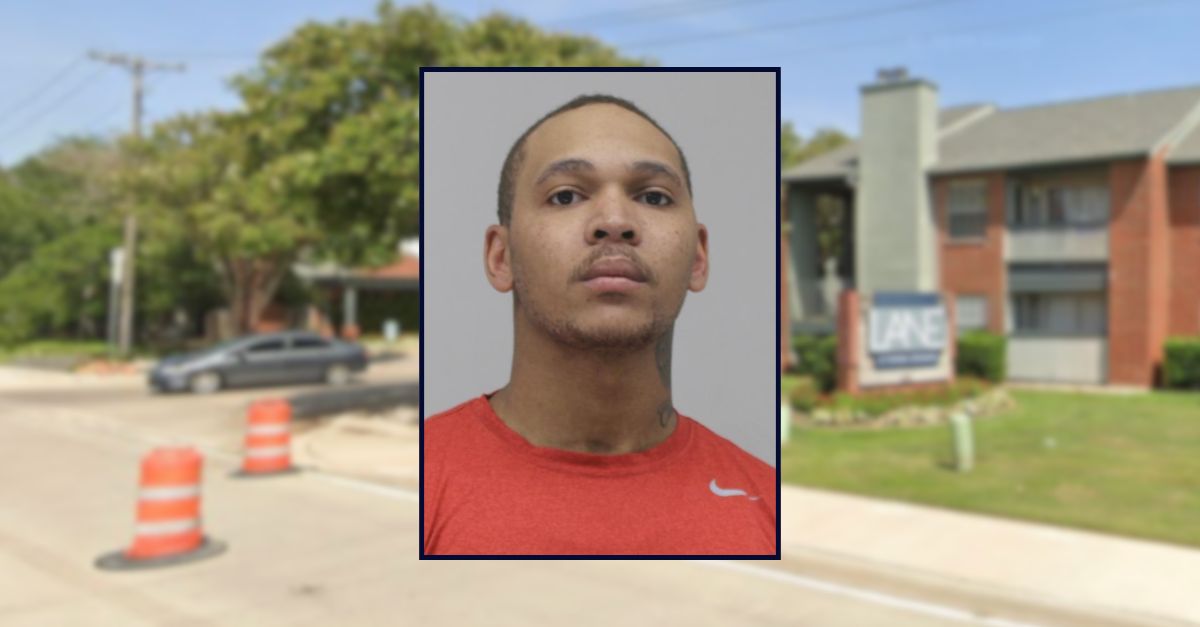 Jayeshaun Spencer appears in a booking photo inset against an image of an apartment complex in Texas.