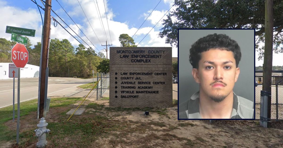 John Ruben Demeter appears in a booking photo inset against an image of a criminal justice complex in Texas.