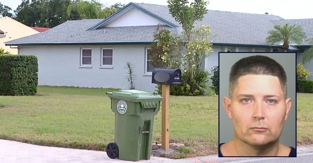 Inset: Jordan Beard (Bradenton Police Department). Background: The Florida home and front yard where 77-year-old Vicki Noon was allegedly mowed down and killed by Jordan Beard in a DUI hit-and-run crash (WTVT).