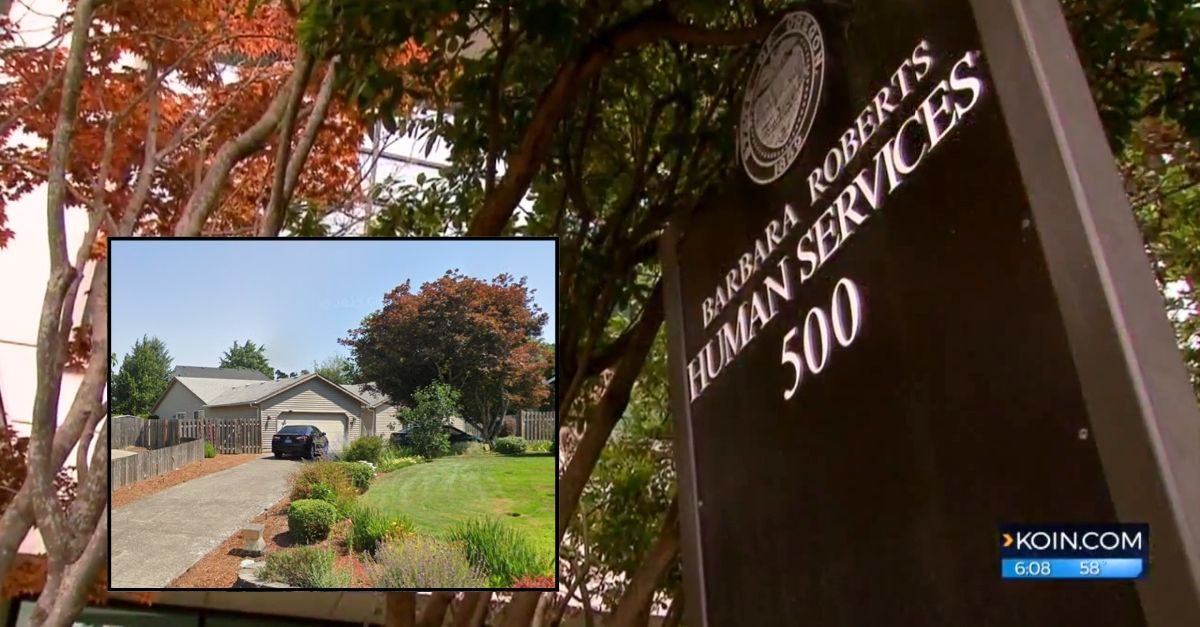 Inset: The "adult foster home" in Oregon where Lee Massie-Hardy was staying before he died (Google Maps). Background: The Oregon Department of Human Services building in Salem (KOIN/YouTube).