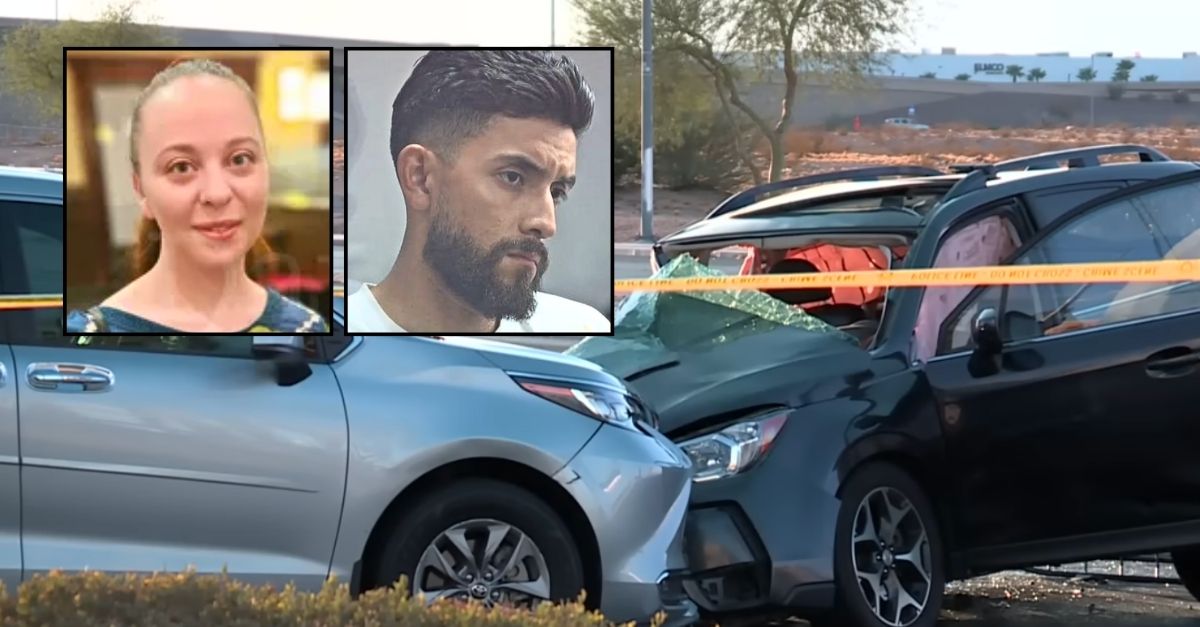 Left inset: Rebekah Dauz (GoFundMe). Right inset: Maximiliano Chavez (KTNV/YouTube). Background: The scene of the deadly crash that Maximiliano Chavez caused in Las Vegas (KTNV/YouTube).