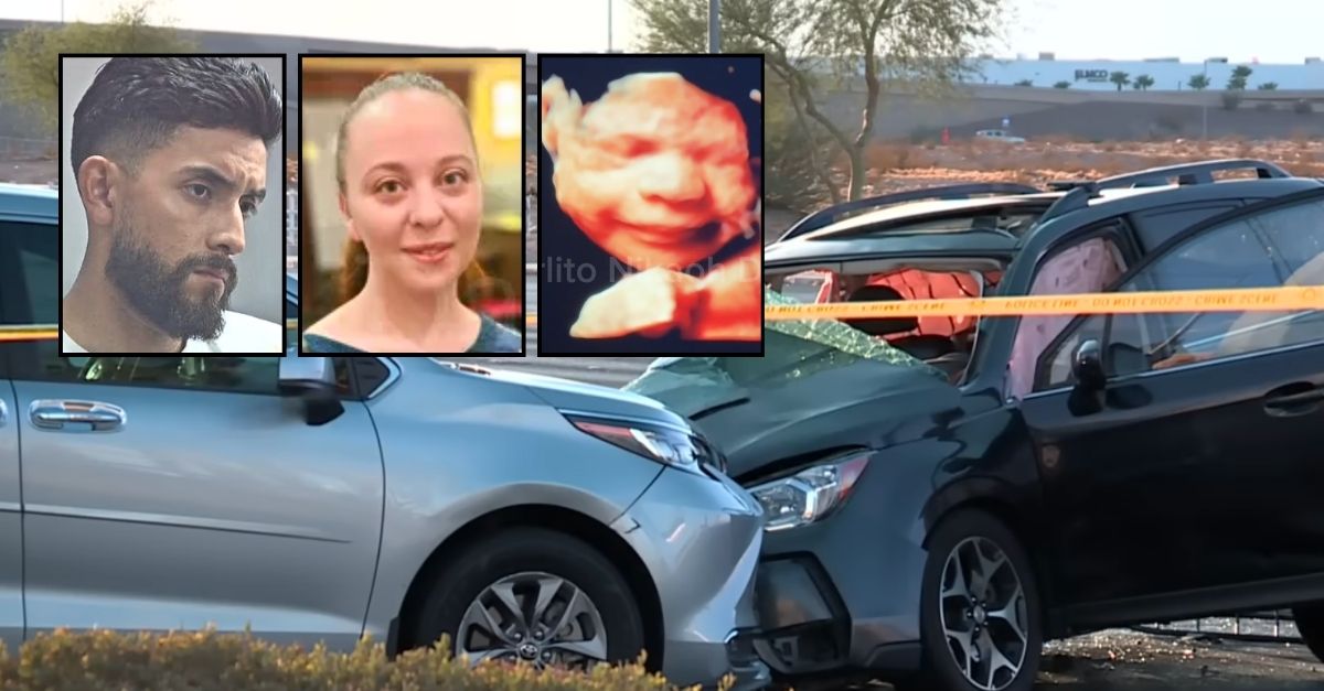 Left inset: Maximiliano Chavez (KTNV/YouTube). Middle inset: Rebekah Dauz (GoFundMe). Right inset: A 4D ultrasound image showing Rebekah Dauz's unborn child, "Baby Marlito," just before the car crash that took his life (GFM). Background: The scene of the deadly crash that Maximiliano Chavez caused in Las Vegas (KTNV/YouTube).