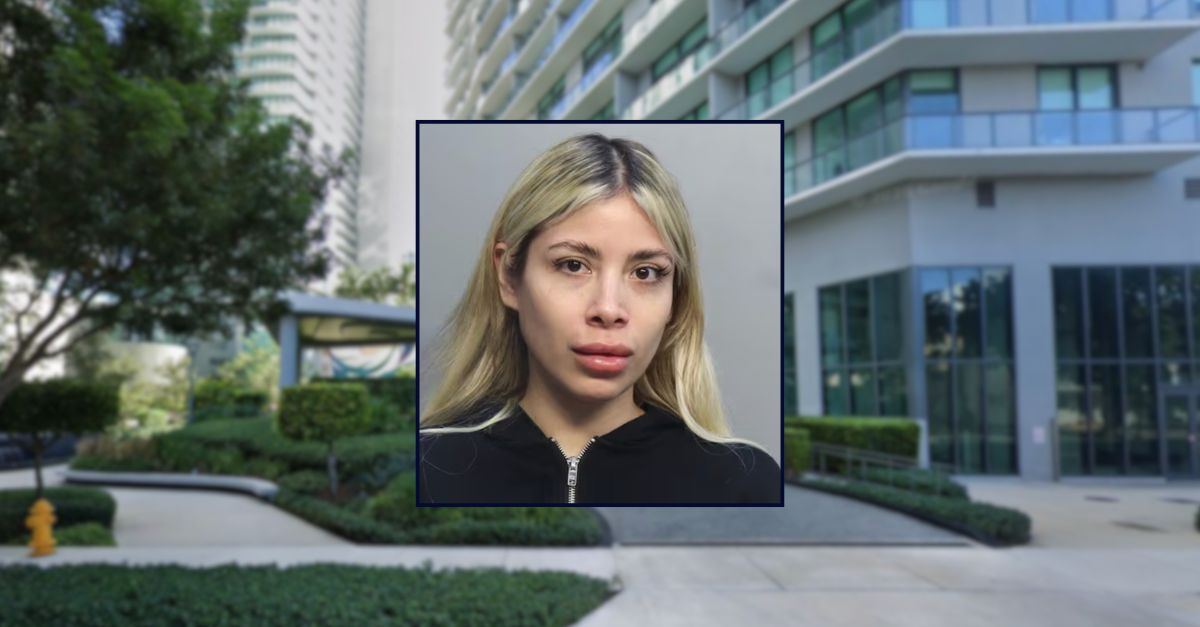 Nicole Cano appears in a booking photo inset against an image of a luxury condominium tower in Miami.
