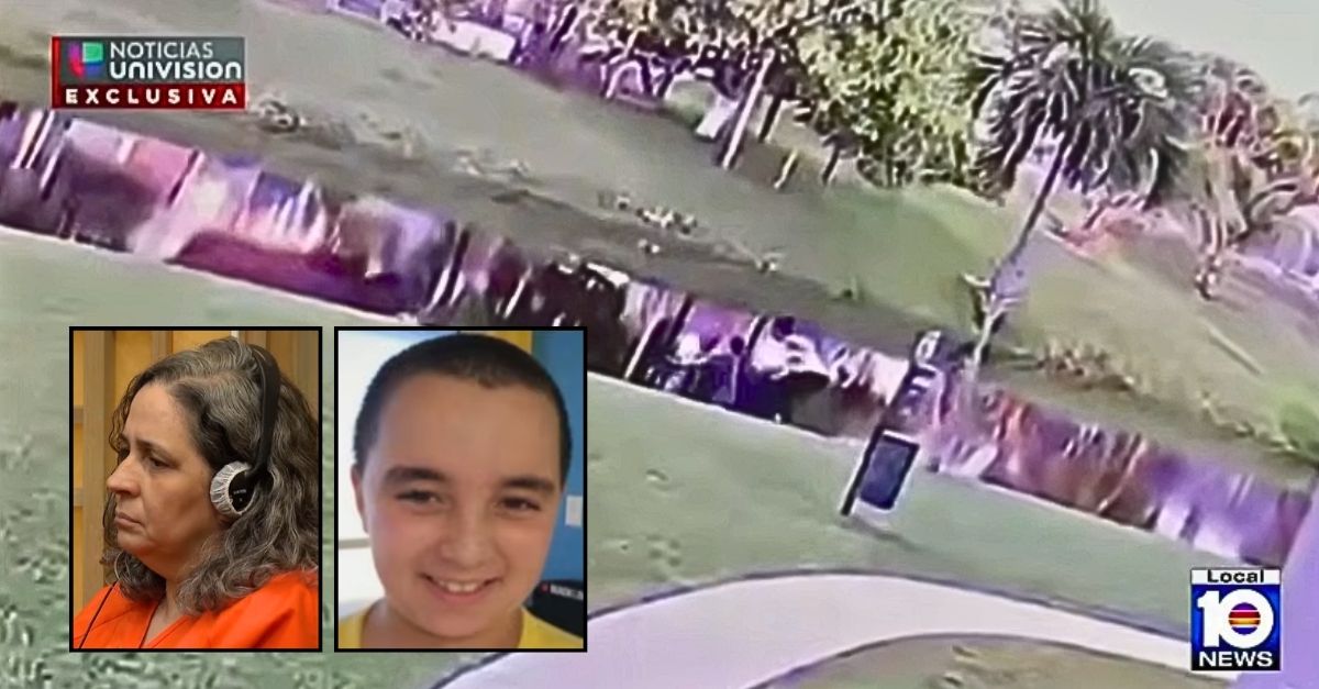 Left inset: Patricia Ripley. (WPLG/YouTube). Right inset: Alejandro Ripley (Miami-Dade Police Department). Background: Video footage allegedly shows Florida mom Patricia Ripley pushing her 9-year-old son Alejandro Ripley into a Miami canal (WPLG/Univision/YouTube).