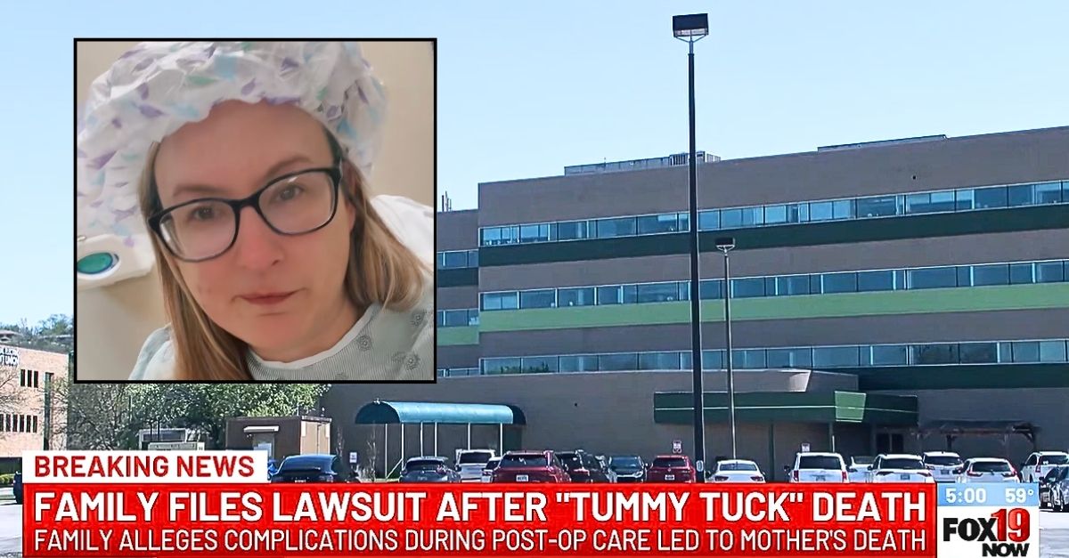 Inset: Rachel Tussey (TikTok). Background: The Ohio building where Rachel Tussey's surgery center is located, which her family says caused her to go into cardiac arrest after giving her too much pain medicine (WXIX/YouTube).