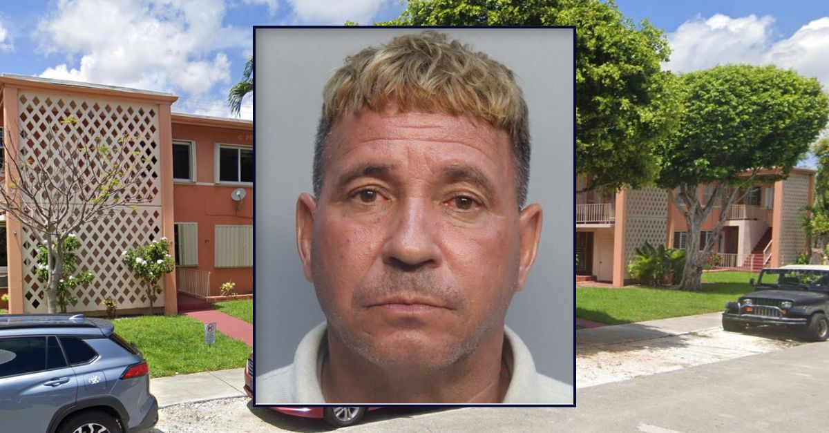 Inset: Ramon Lauzurique-Gonzalez (Turner Guilford Knight Correctional Center). Background: The apartment building in Miami where the defendant allegedly shot his roommate (Google Maps).