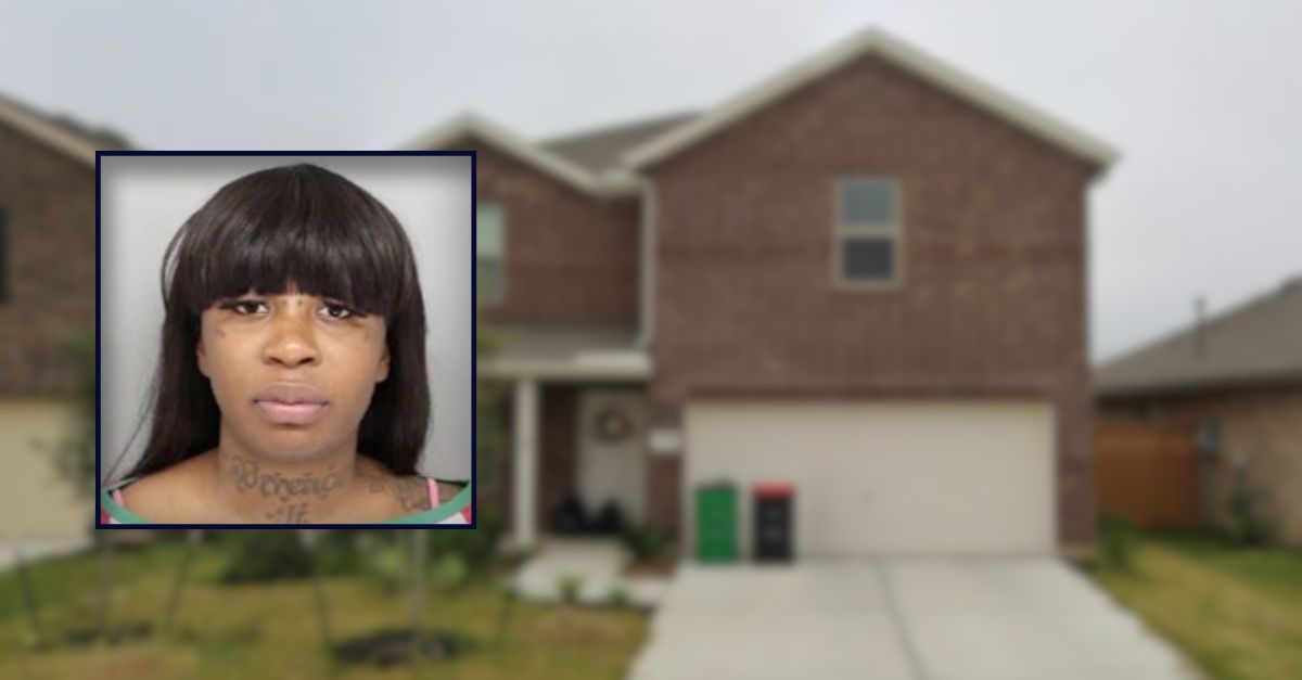 Rayshawna Dowdell appears in a booking photo inset against an image of a suburban home in Texas.