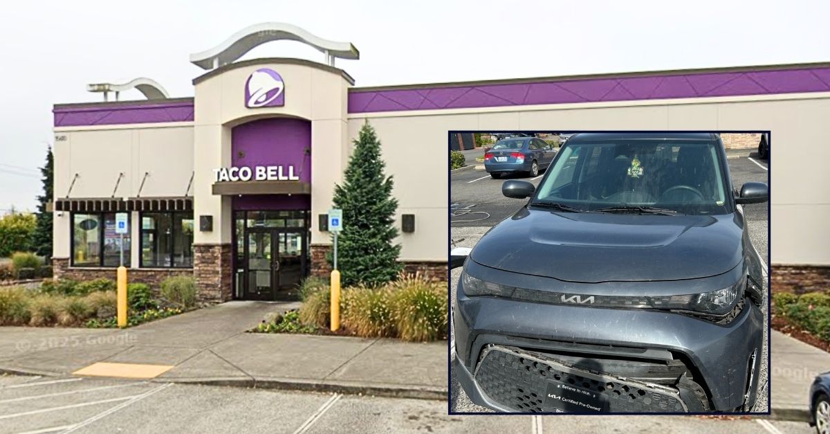 Inset: The Kia that Charles Thorsen was driving when he allegedly mowed down two teens who were "harassing people" in the parking lot (Vancouver Police Department). Background: The Washington state Taco Bell where Charles Thorsen alleged hit his victims (KOIN/YouTube.)