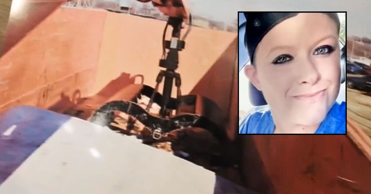 Inset: Tyrah Adams (WDRB/YouTube). Background: A photo of a Louisville, Ky., garbage truck's hydraulic arm and claw (WHAS/YouTube). 