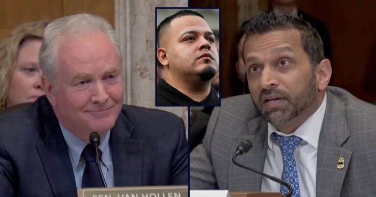 Kilmar Abrego Garcia appears inset against a still image of Chris Van Hollen and Kash Patel arguing on Capitol Hill.