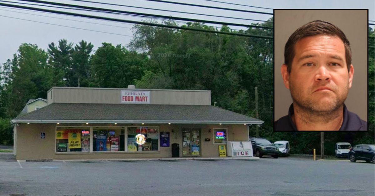 Inset: Jason Matthew Eddy (Ephrata Police Dept.). Background: The Pennsylvania convenient store where Eddy allegedly left his son alone in a car to gamble on a skill machine (Google Maps).