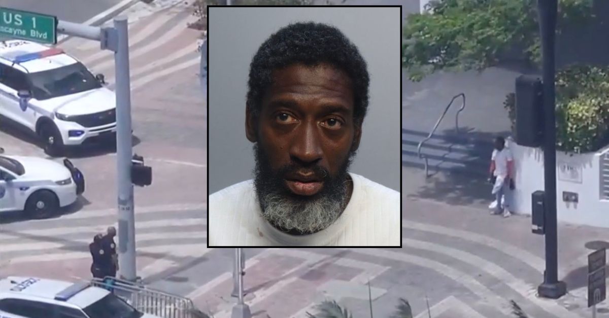 Inset: Raydean Johnson (Turner Guilford Knight Correctional Center). Background: Johnson and police during a three-hour standoff in Miami (WPLG).
