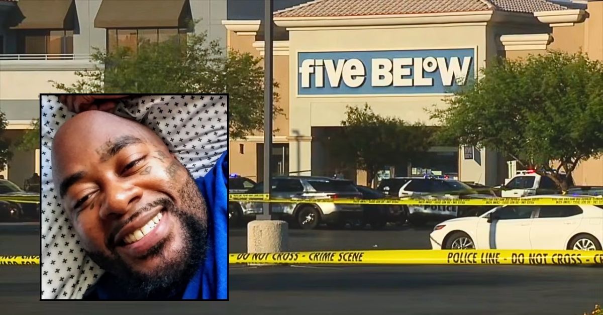 Inset: Brandan Lucas (GoFundMe). Background: The Five Below store in Las Vegas where Brandan Lucas was shot and killed (KTNV/YouTube).