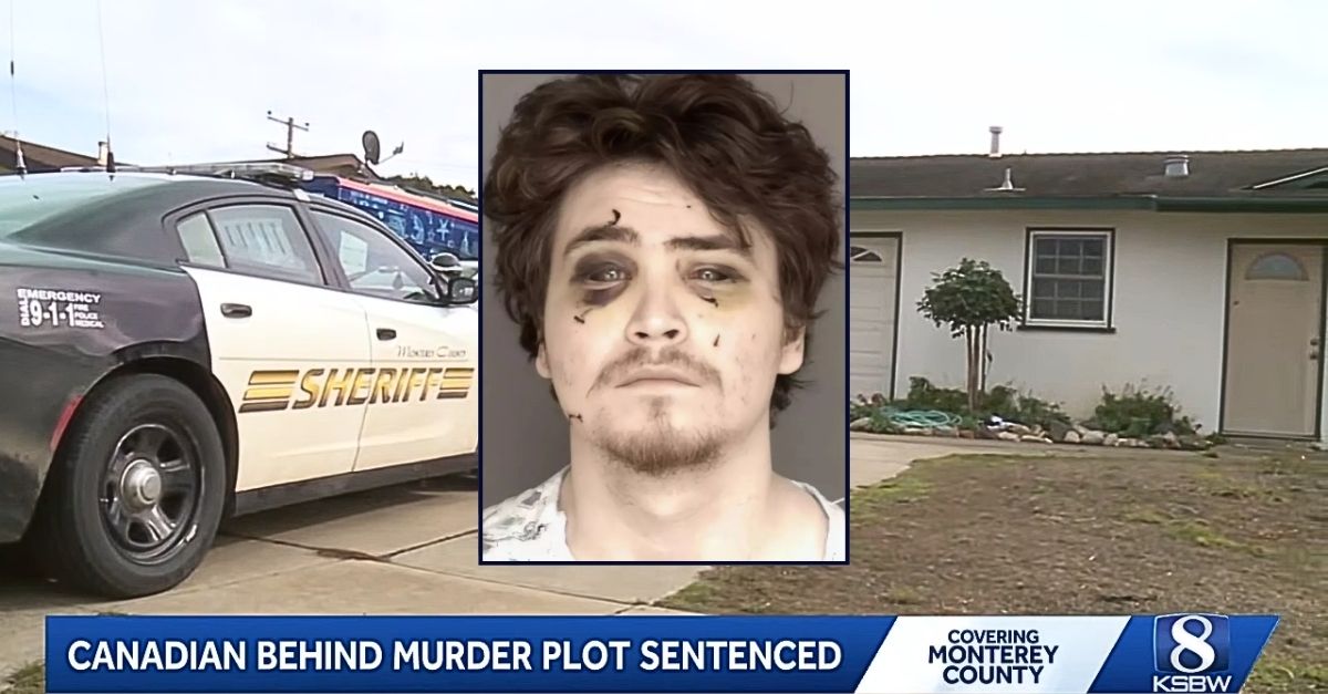Inset: Devin Vanderhoef (Monterey County Sheriff's Office). Background: The California home where Devin Vanderhoef attacked a woman he met "gaming" online and her boyfriend (KSBW/YouTube).