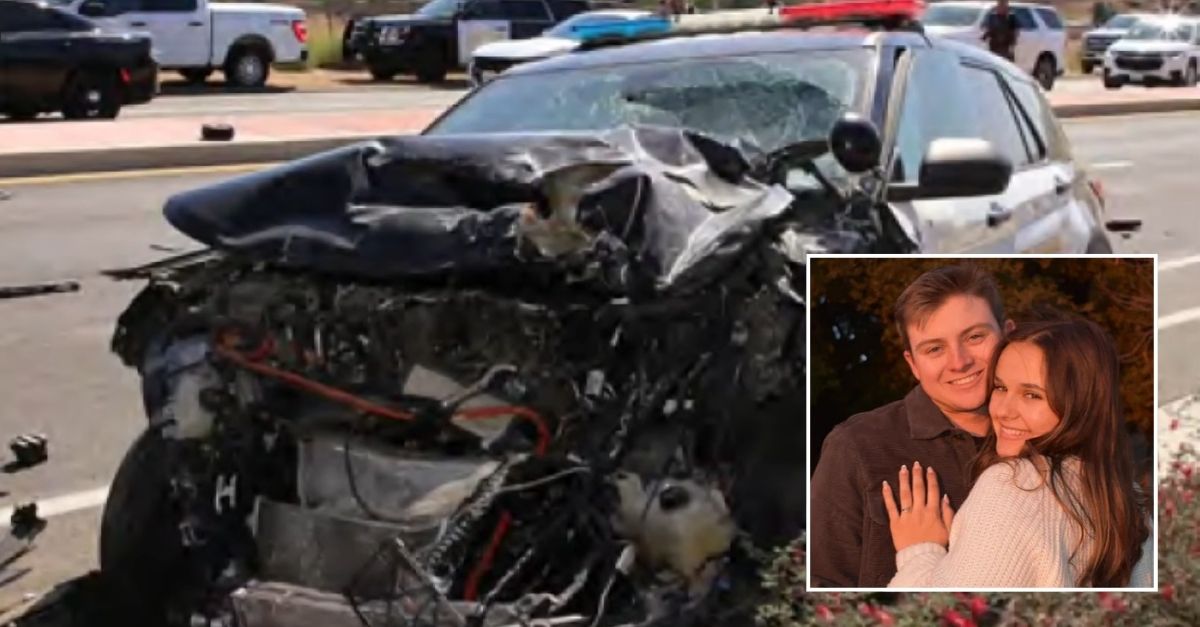 Inset: Gavin Hinkley and Madeline Fox (GoFundMe). Background: The squad car that Riverside County Sheriff