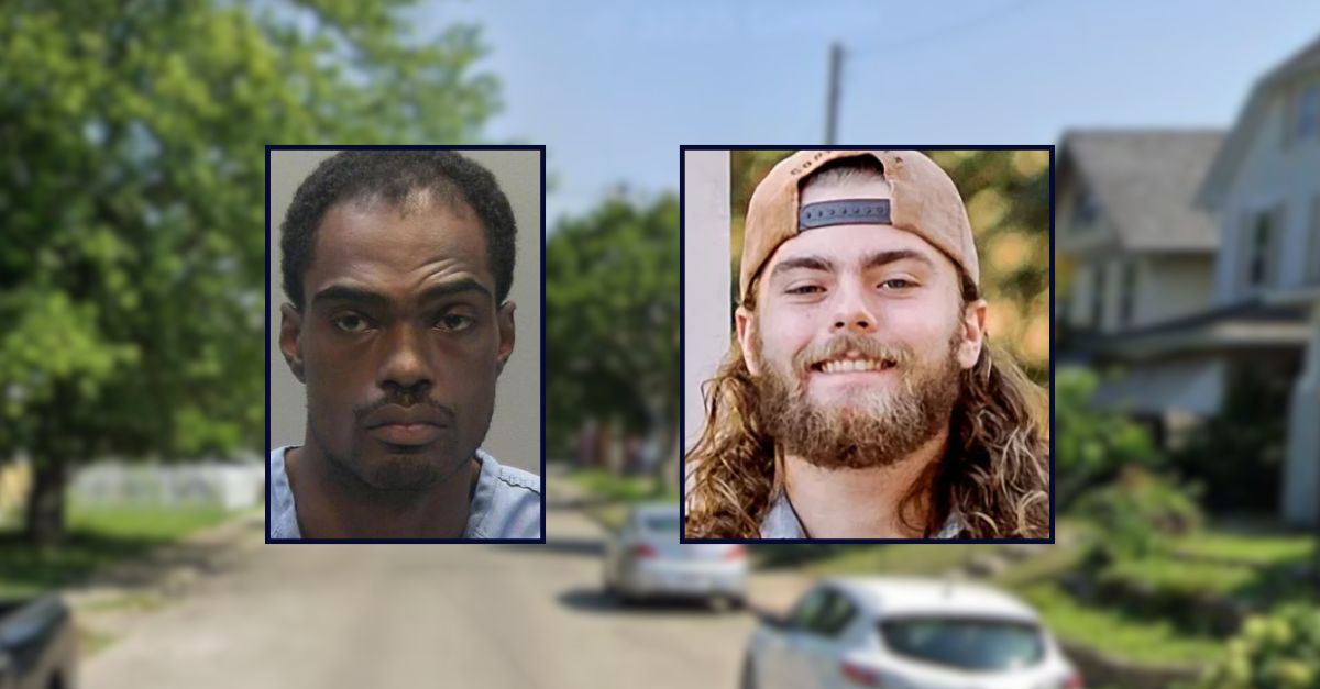 Travis Jackson appears in a booking photo inset on the left; Tanner Staggs appears in his obituary photo inset on the right; against an image of a residential street in Ohio.