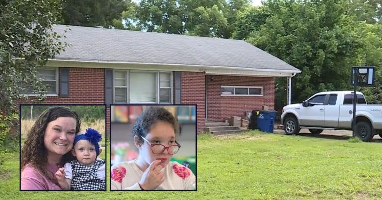 Left inset: Jessica Quarles with her 1-year-old daughter Landrie Harris. Right inset: Jessica Quarles' 11-year-old daughter McKenna Young (Facebook). Background: The Tennessee home where Jessica Quarles allegedly shot her two children dead (WREG/YouTube).