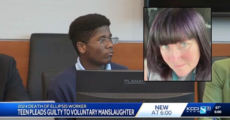 Inset: Kathleen Galloway-Menke (KCRG). Background: Jovahn Mathis in court for shoving and killing youth group home worker Kathleen Galloway-Menke (KCCI/YouTube).