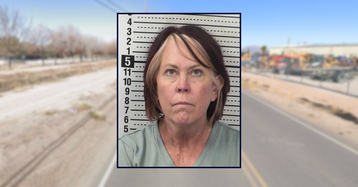 Kimberly Skaggs appears in a booking photo inset against an image of a road in New Mexico.