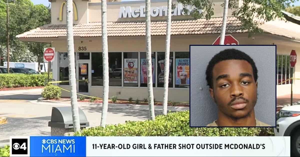Inset: McDonald's employee Ralph N-Kosi Blue III (Broward County Sheriff's Office). Background: The McDonald's in Hallandale Beach, Fla., where a dad and his daughter were shot (WFOR/YouTube). 