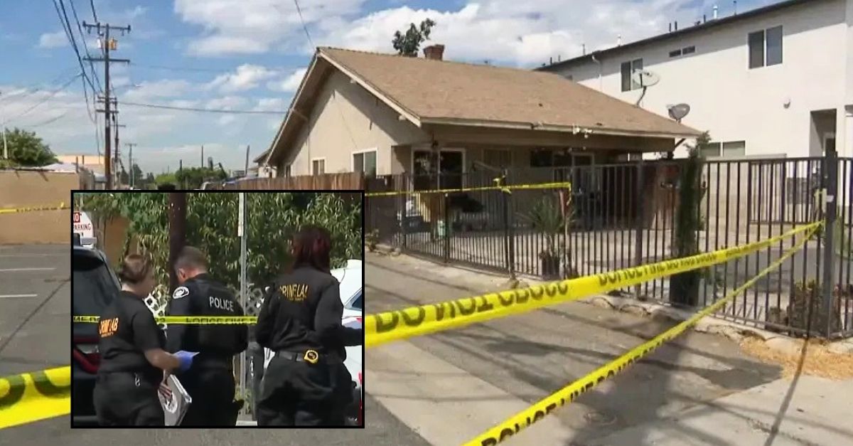 Inset: Police at the home of Melissa Beisel investigating her son's death. Background: The California home where Melissa Beisel allegedly murdered her 2-year-old (KNBC/YouTube).