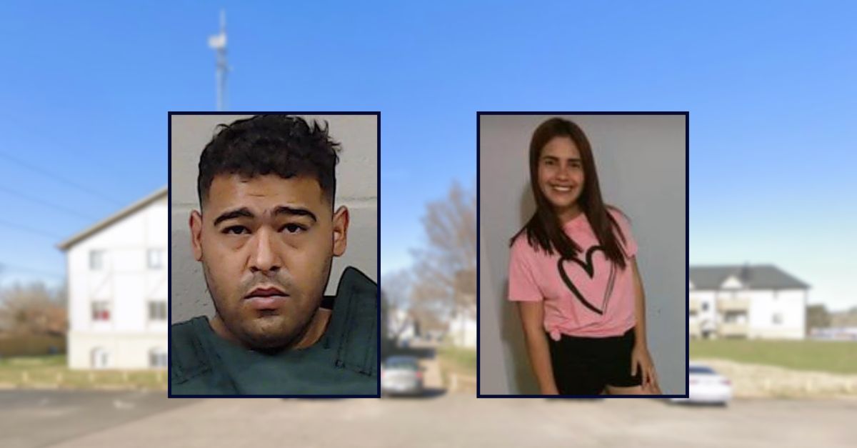 Edward A. Millan-Volcan appears in a booking photo inset on the left; Sinay Leon-Montoya appears inset on the right; against an image of an apartment complex in Kansas.