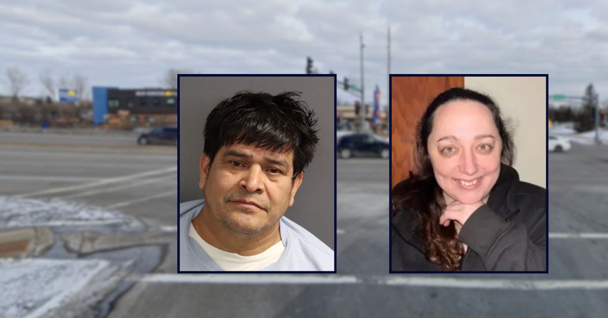 Rolando Odir Miranda Martinez appears in a booking photo inset on the left; Leslie Anne Youngberg appears in her obituary photo inset on the right; against an image of an intersection in Minnesota.
