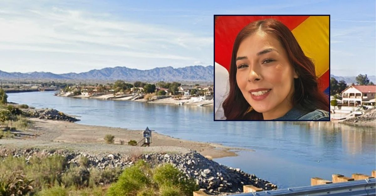 Inset: Nikkie Wittine (KERO/YouTube). Background: The area of the Colorado River in San Bernardino County, Calif., where Nikkie Wittine was floating on an inner tube when a hit-and-run boat driver struck her (Google Maps). 