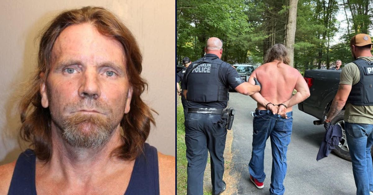 Dominick Revell appears in a booking photo on the left; Revell being arrested by police on the right.