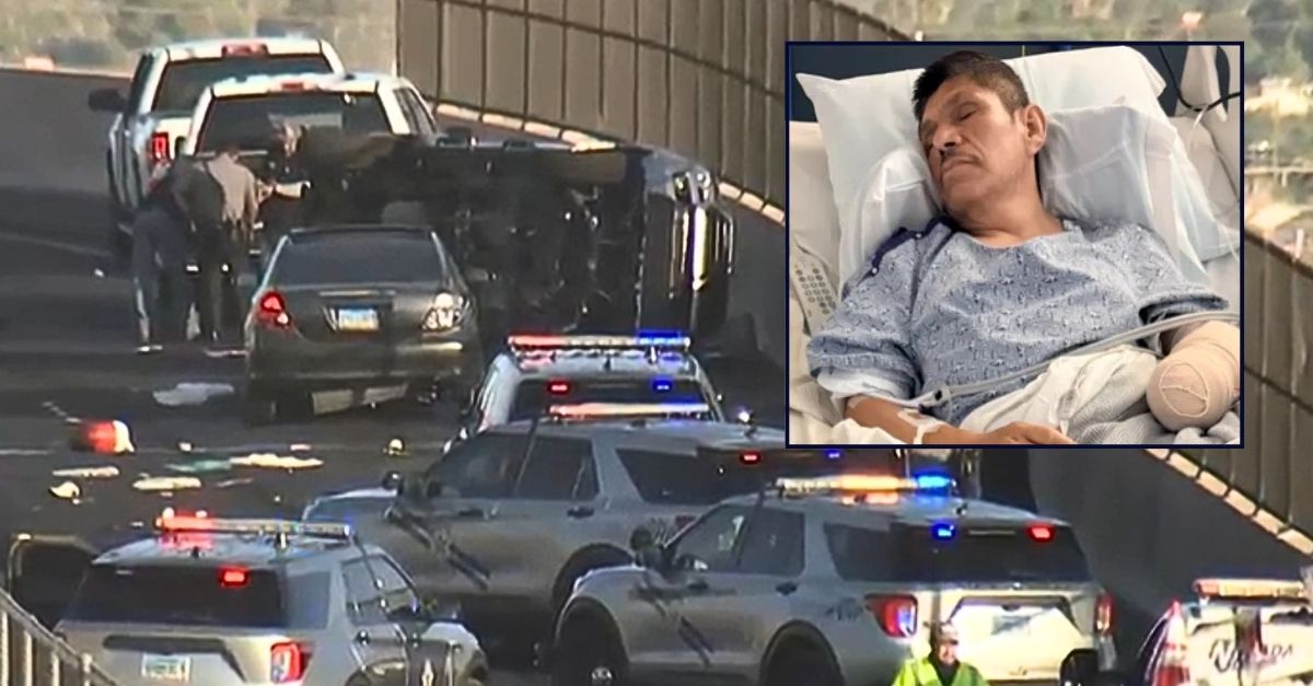 Inset: Rogelio Vidal in the hospital after getting his hand amputated (GoFundMe). Background: The scene of the DUI crash that left Las Vegas father Rogelio Vidal with a severely mangled hand (KVVU/GoFundMe).