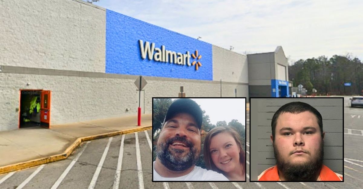 Left inset: Stephen Morrow with his wife (Facebook). Right inset: Timothy Crawford (Sumiton Police Department). Background: The Walmart in Alabama where Stephen Morrow allegedly got into a verbal confrontation with Timothy Crawford, which cops say led to his shooting death (Google Maps).