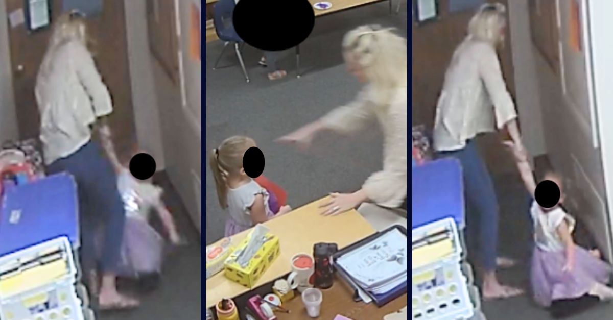 Screenshots from surveillance cameras that allegedly show a Texas preschool teacher manhandling a 4-year-old girl in her care (The Button Law Firm). 