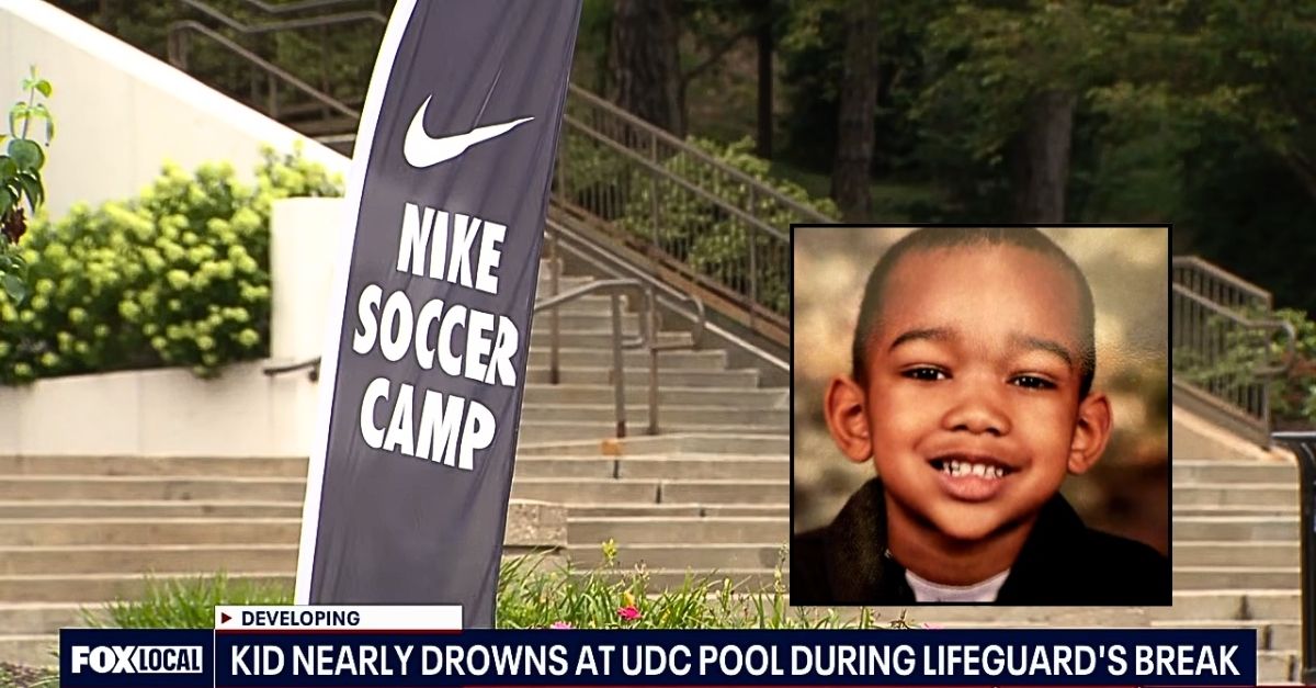 Inset: Adonis Jackson. Background: The University of the District of Columbia campus where Adonis Jackson was attending Nike Soccer Camp when he almost drowned, his family says (WTTG/YouTube).