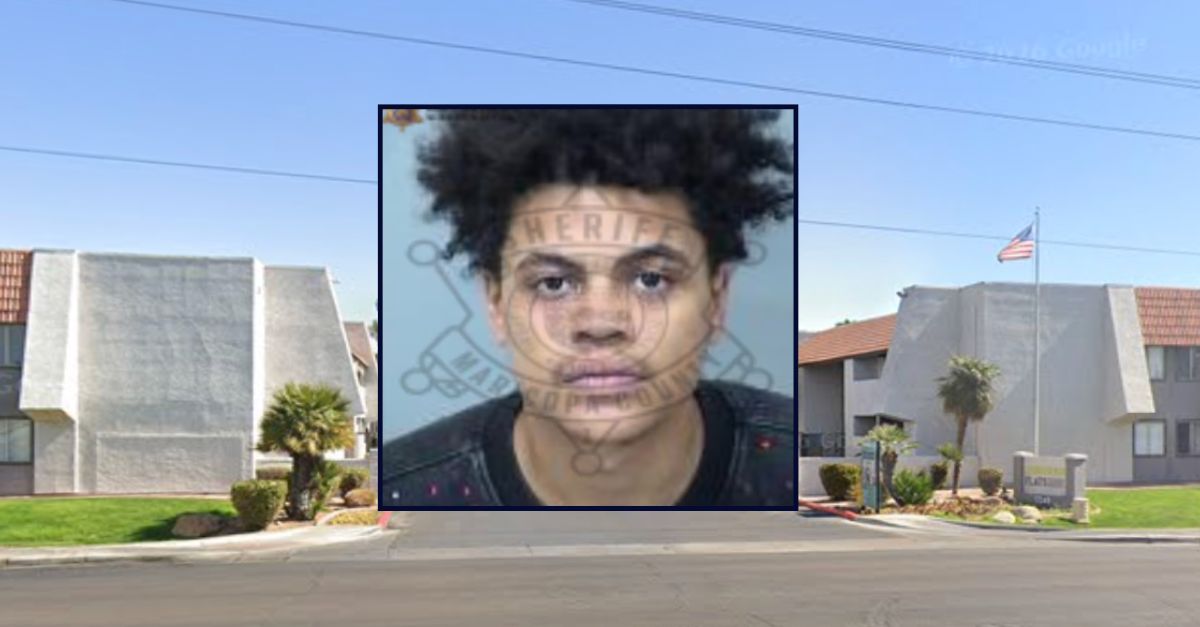 Andre Ferris appears in a booking photo inset against an image of an apartment complex in Phoenix.