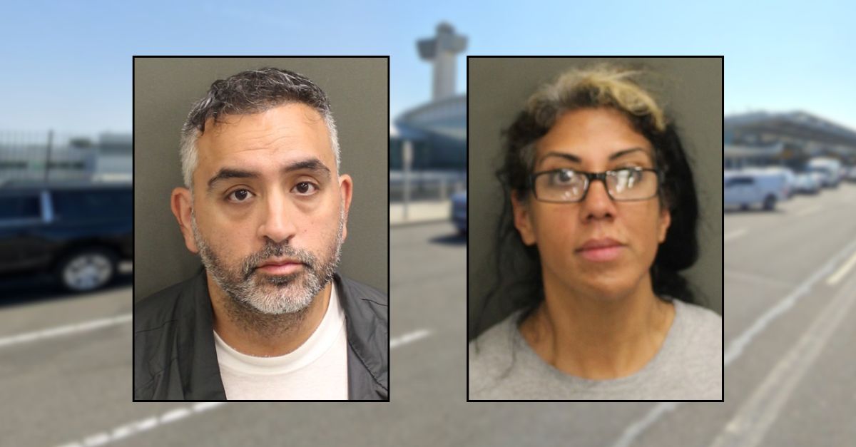 Insets, left to right: Angelo Portelli, Natalie Lopez-Portelli (Orange County (Fla.) Department of Corrections). Background: JFK International Airport in New York (Google Maps)