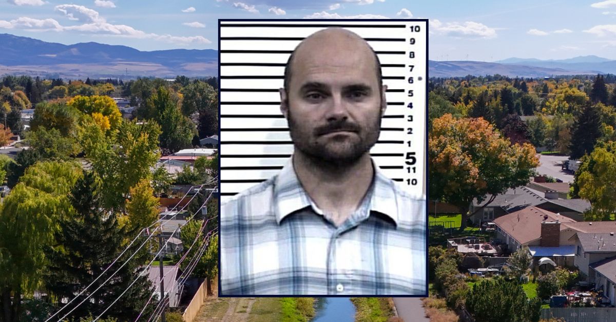 Brady Fielding appears in a booking photo inset against an image of Idaho Falls.