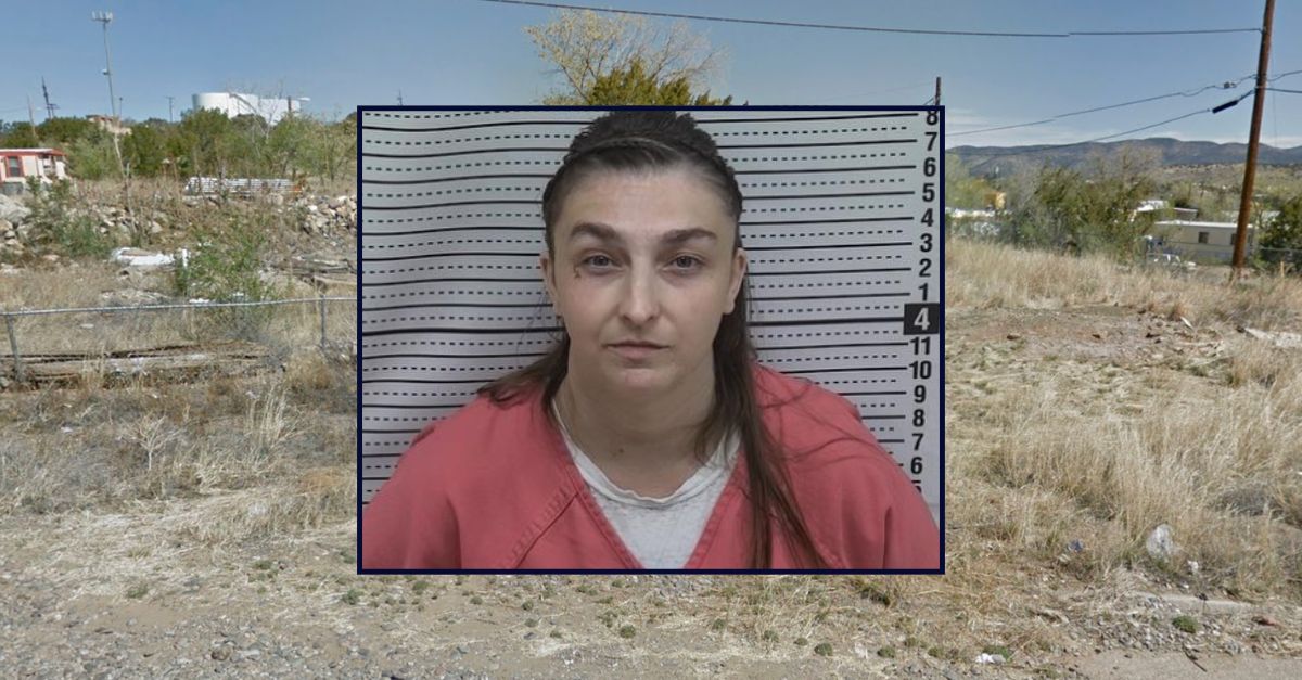 Cassandra Brazeal appears in a booking photo inset against an image of a residential street in New Mexico.