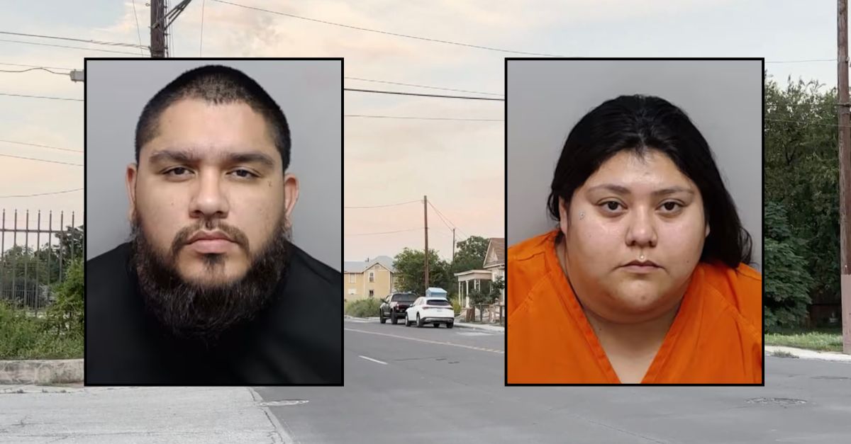 Inset, left to right: Daniel Jude Jimenez Jr. and Lois Badillo-Lopez (Bexar County Sheriff's Office). Background: the area in Texas where the couple allegedly shot at a man during a road rage incident (KSAT).