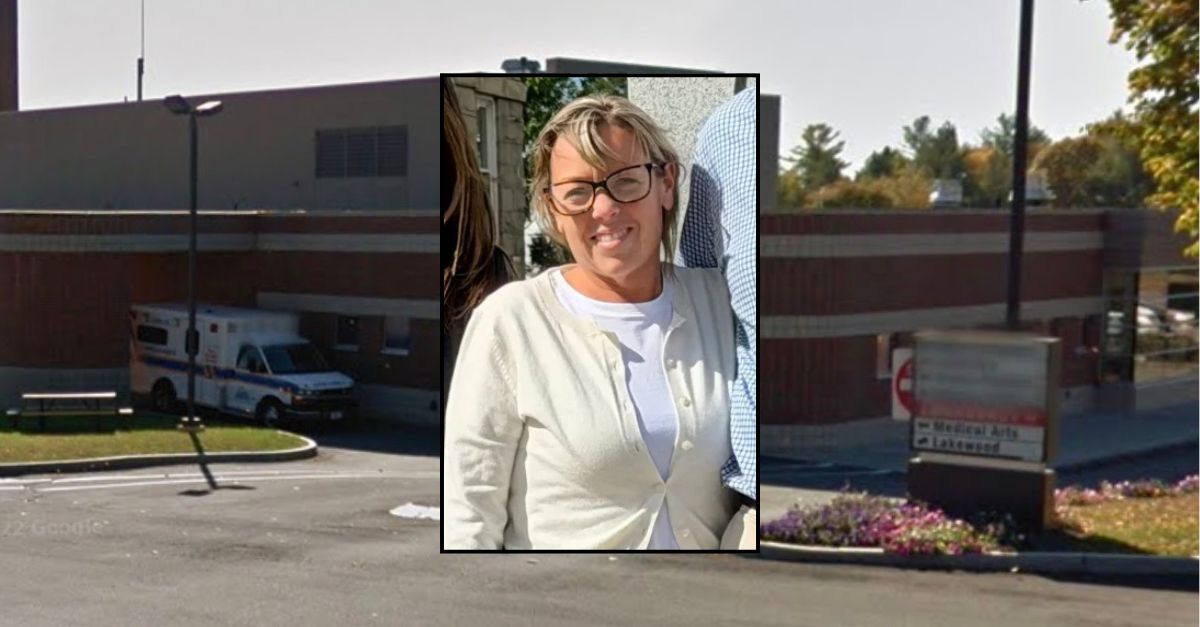 Inset: Emily Mitchell (Berman & Simmons law firm). Background: The now-closed Northern Light Inland Hospital in Waterville, Maine (Google Maps).