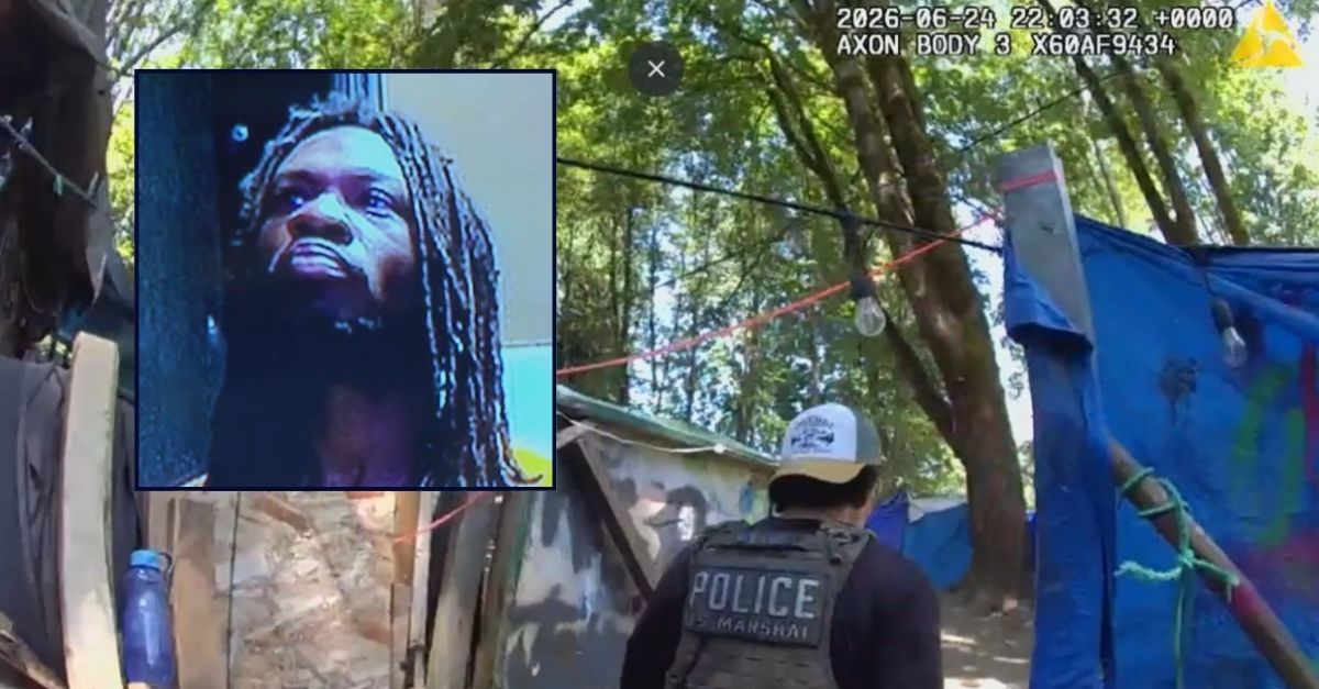Inset: Joe Johnson in court. Background: The homeless camp in Washington state where Joe Johnson allegedly attacked a woman with a propane tank (KOMO).