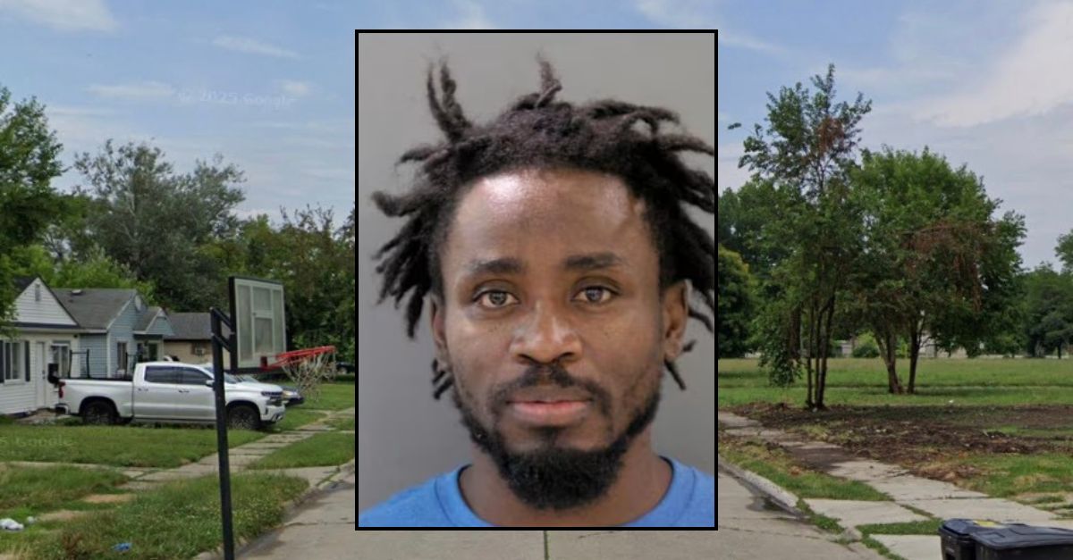 Inset: Kabamba E. Kyalangalilwa (Detroit Police Dept.). Background: The area in Michigan where Kyalangalilwa drunkenly crashed his motorcycle while riding with his 1-year-old, authorities say (Google Maps).