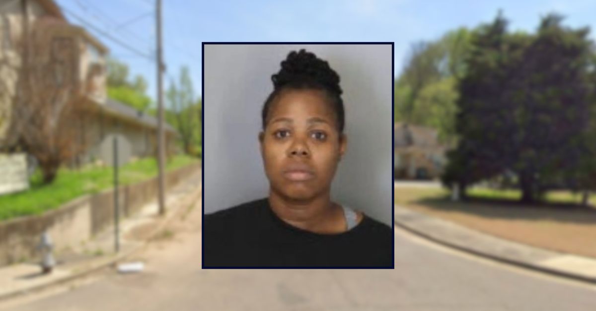 Kendra Scott appears in a booking photo inset against an image of a residential street in Memphis.