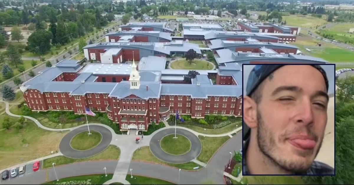 Inset: Kenneth Hass. Background: Oregon State Hospital, where Kenneth Hass was a patient (KGW/YouTube).