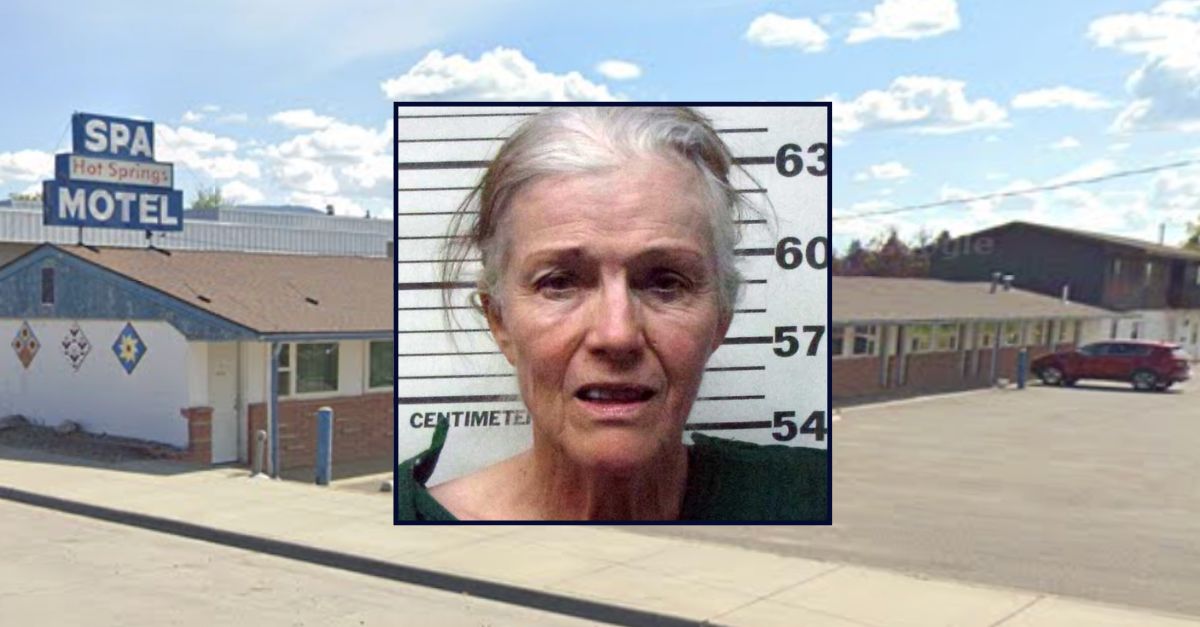 Kyle Ann Morrow appears in a booking photo inset against an image of a motel in Montana.