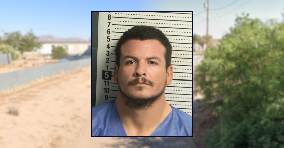 Lawrence Lopez appears in a booking photo inset against an image of a residential area in New Mexico.